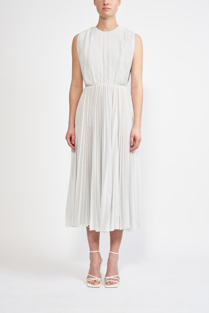 E.STOTT FLO WHITE WITH BLACK MICRO DOTS PLEATED DRESS