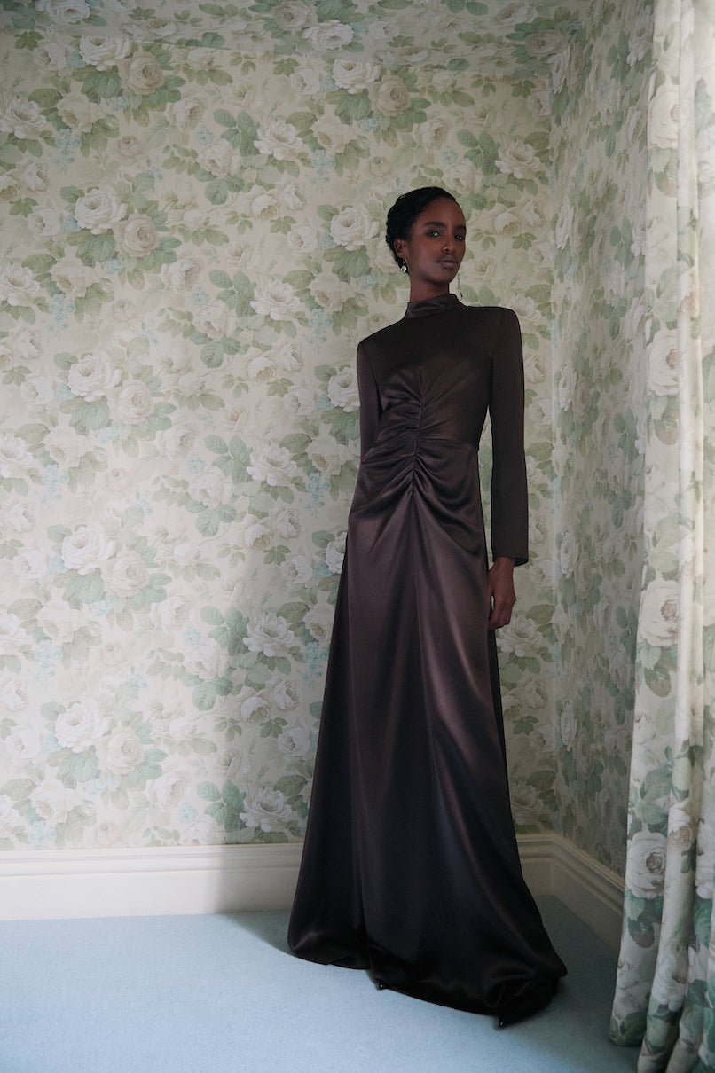 ALTHEA CHOCOLATE BROWN SILK SATIN DRESS - E.STOTT