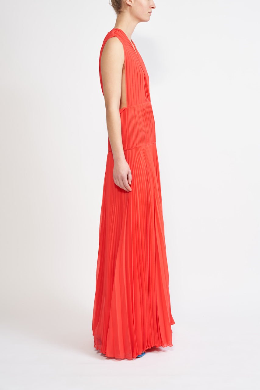 ANNIE SUSTAINABLY SOURCED PLEATED CHIFFON CORAL GOWN - E.STOTT