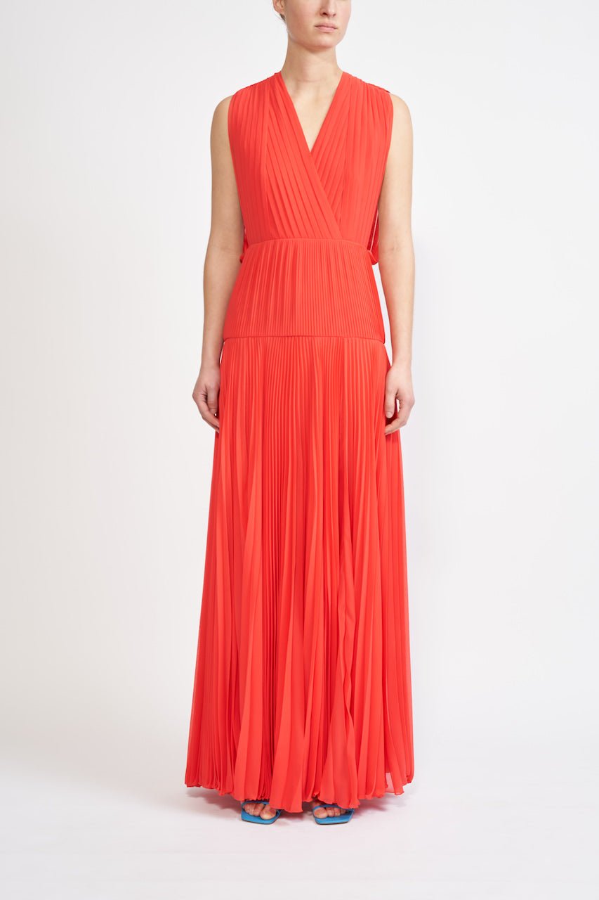 ANNIE SUSTAINABLY SOURCED PLEATED CHIFFON CORAL GOWN - E.STOTT