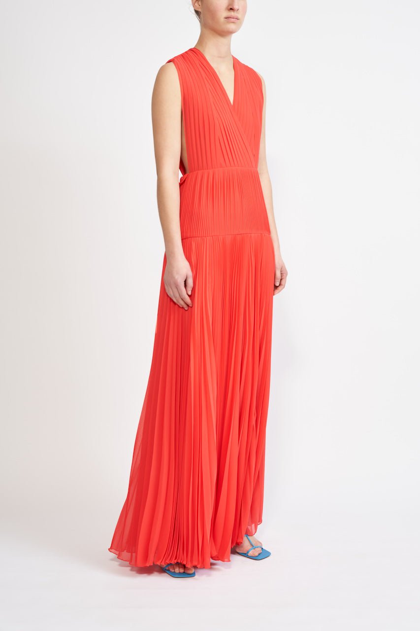 ANNIE SUSTAINABLY SOURCED PLEATED CHIFFON CORAL GOWN - E.STOTT