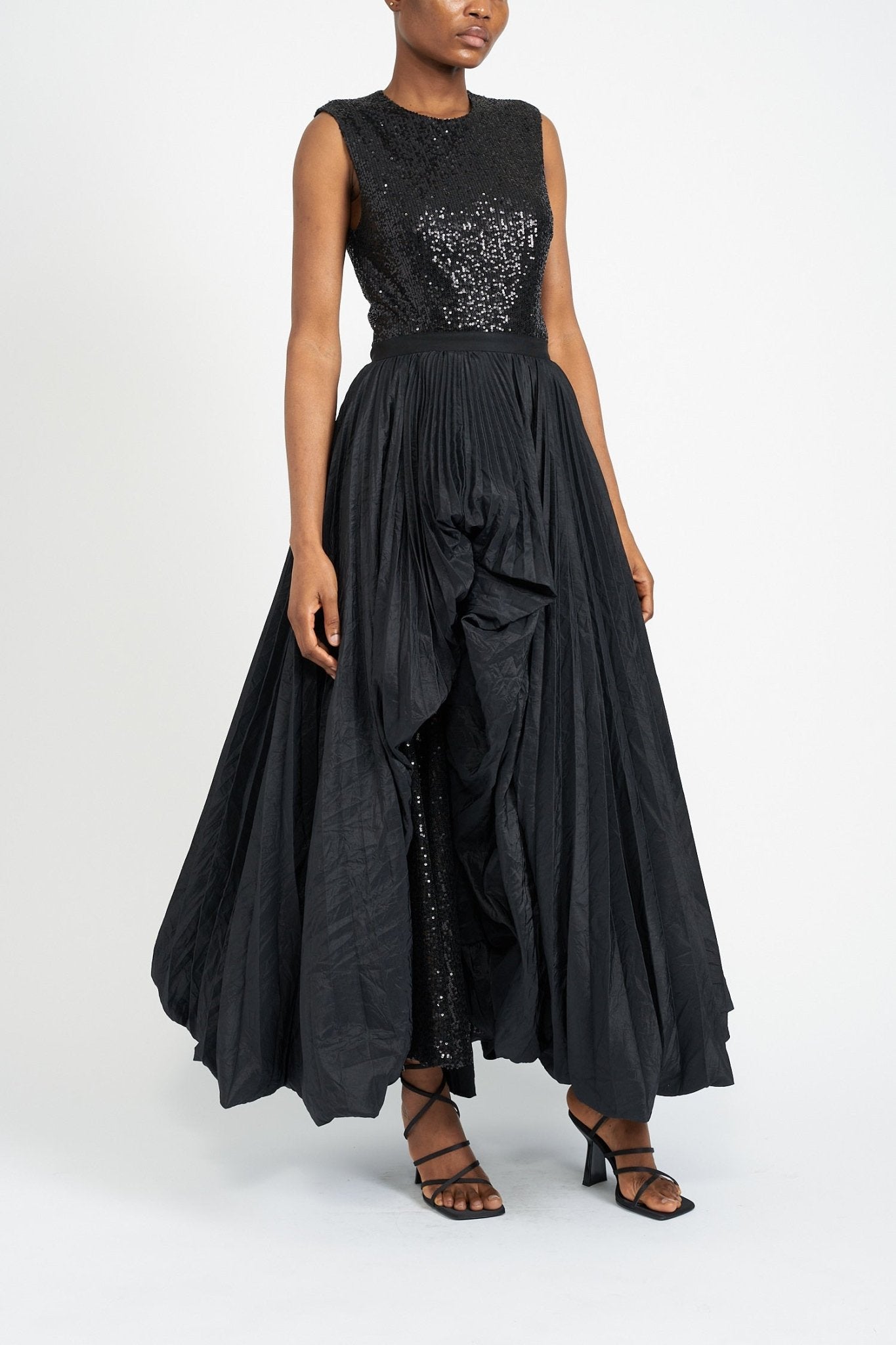 ELLEN PLEATED BLACK SUSTAINABLY SOURCED TAFFETA OVER SKIRT - E.STOTT