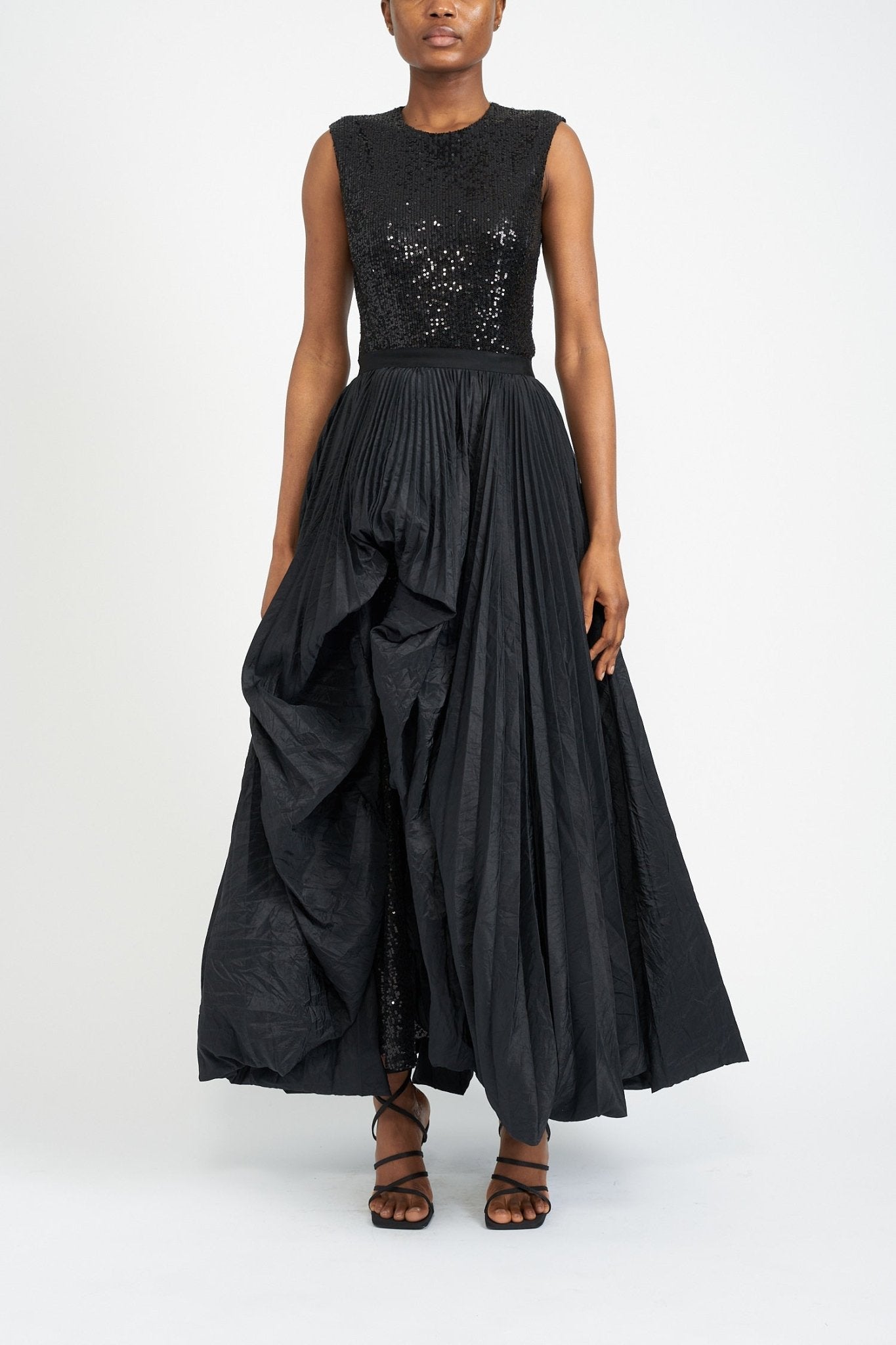 ELLEN PLEATED BLACK SUSTAINABLY SOURCED TAFFETA OVER SKIRT - E.STOTT