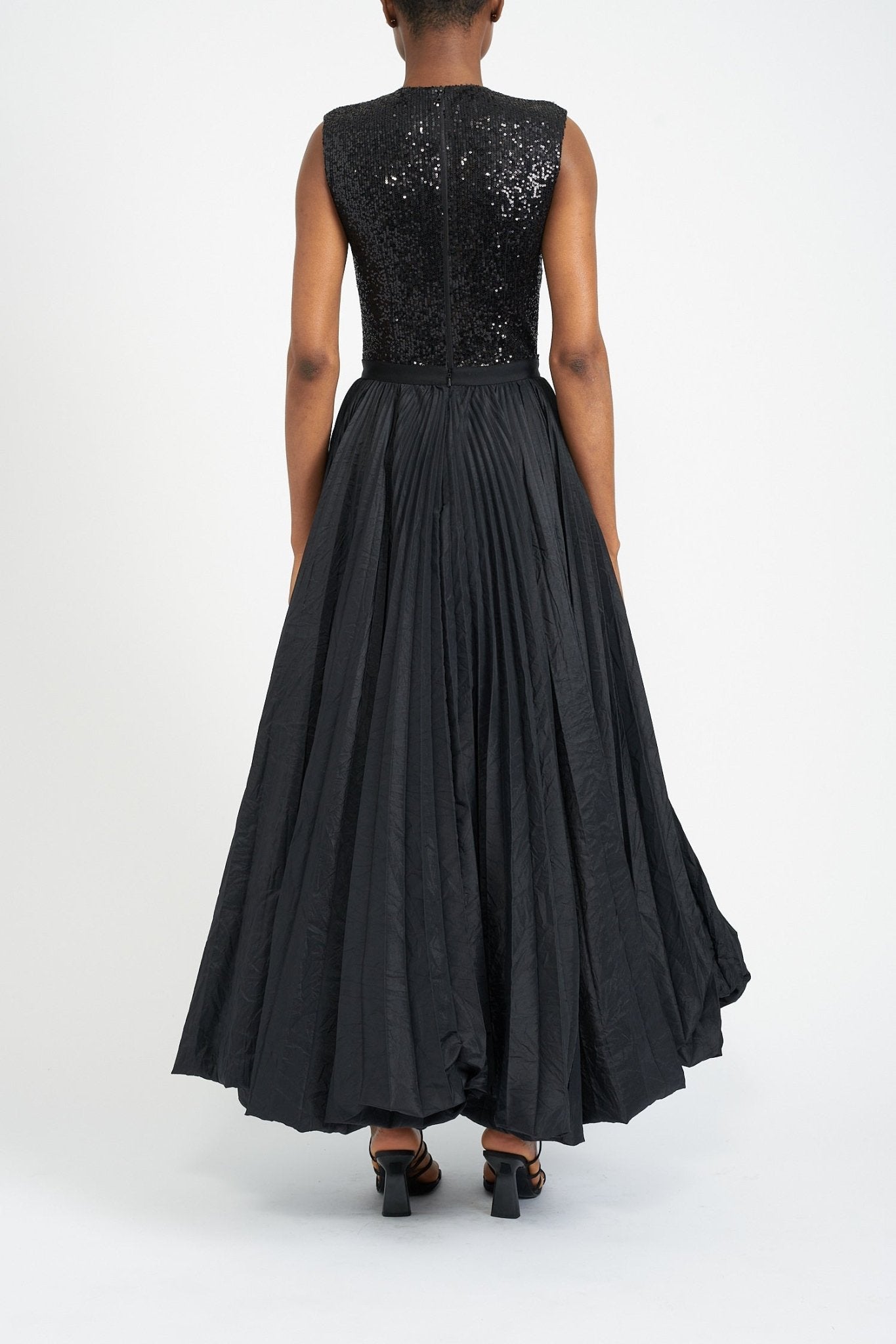 ELLEN PLEATED BLACK SUSTAINABLY SOURCED TAFFETA OVER SKIRT - E.STOTT