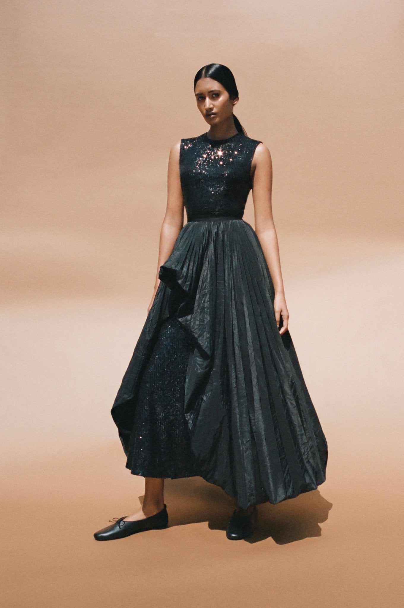 ELLEN PLEATED BLACK SUSTAINABLY SOURCED TAFFETA OVER SKIRT - E.STOTT