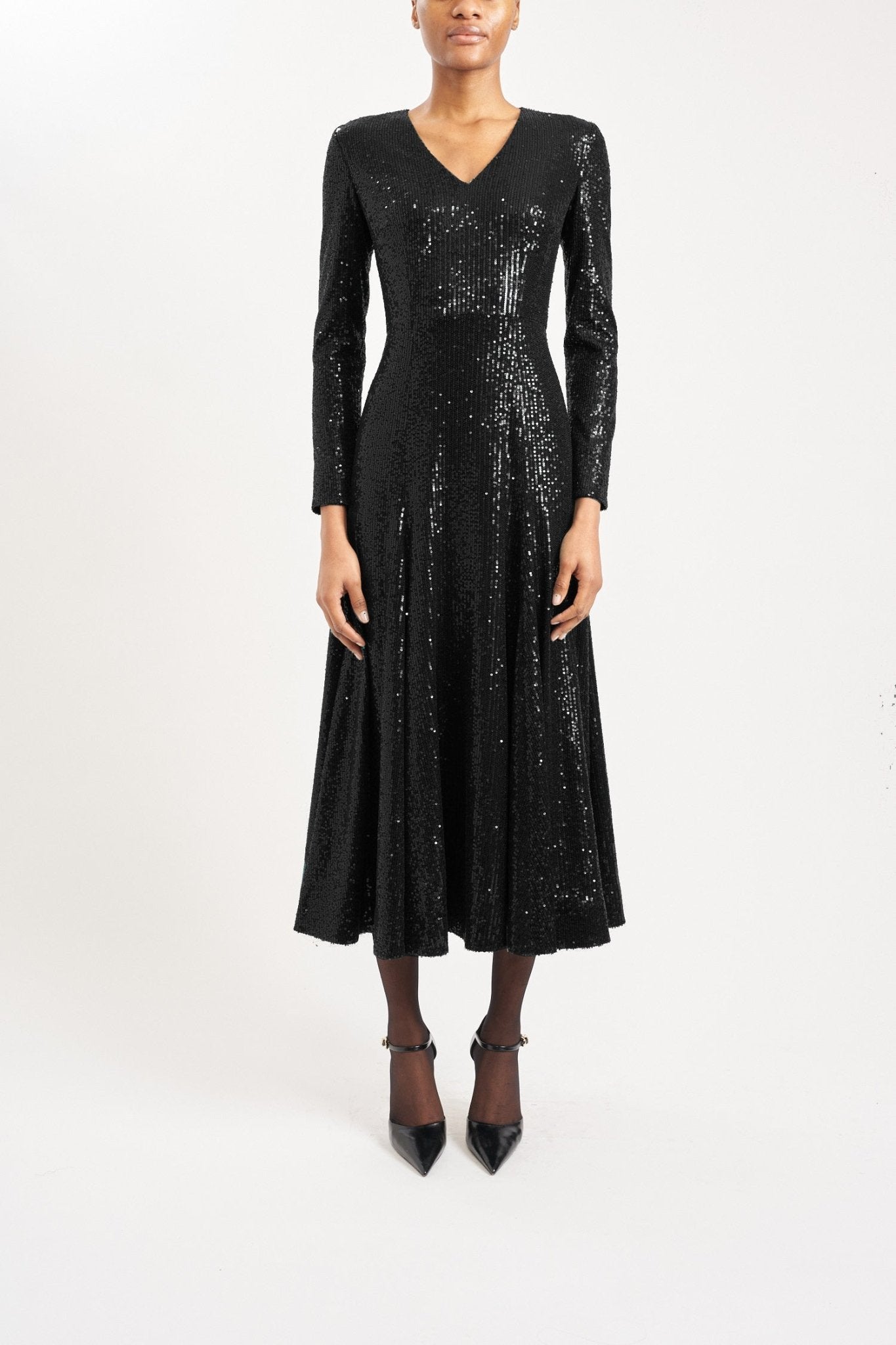 EMLYN SUSTAINABLY SOURCED BLACK SEQUIN DRESS - E.STOTT