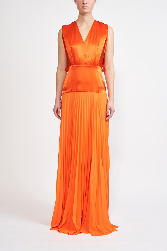 LALI SILK SATIN SUSTAINABLY SOURCED PLEATED CHIFFON ORANGE GOWN - E.STOTT