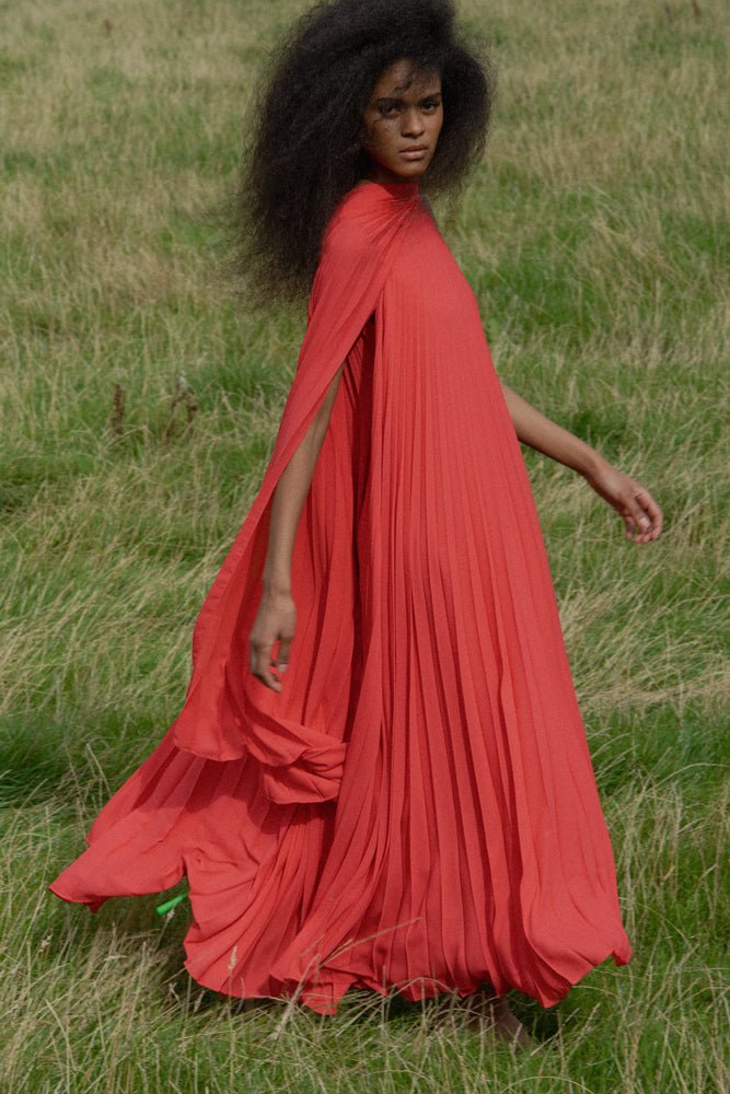 LISE CORAL SUSTAINABLY SOURCED PLEATED CHIFFON DRESS - E.STOTT