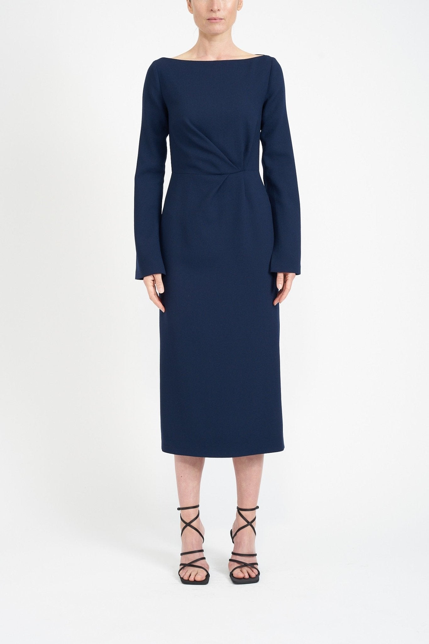 MARISA NAVY WOOL CREPE FLARED SLEEVE DRESS - E.STOTT