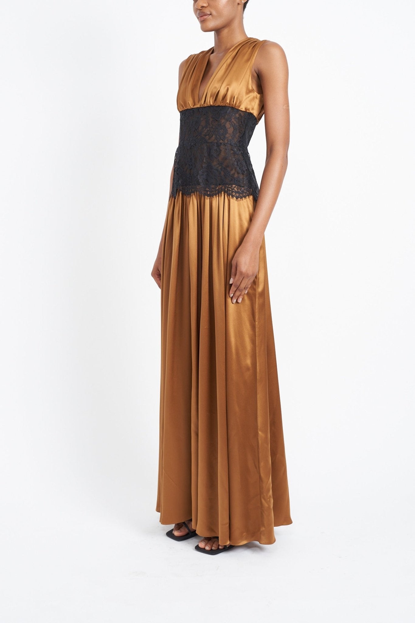 VENUS COGNAC SILK SUSTAINABLY SOURCED LACE PANEL DRESS - E.STOTT