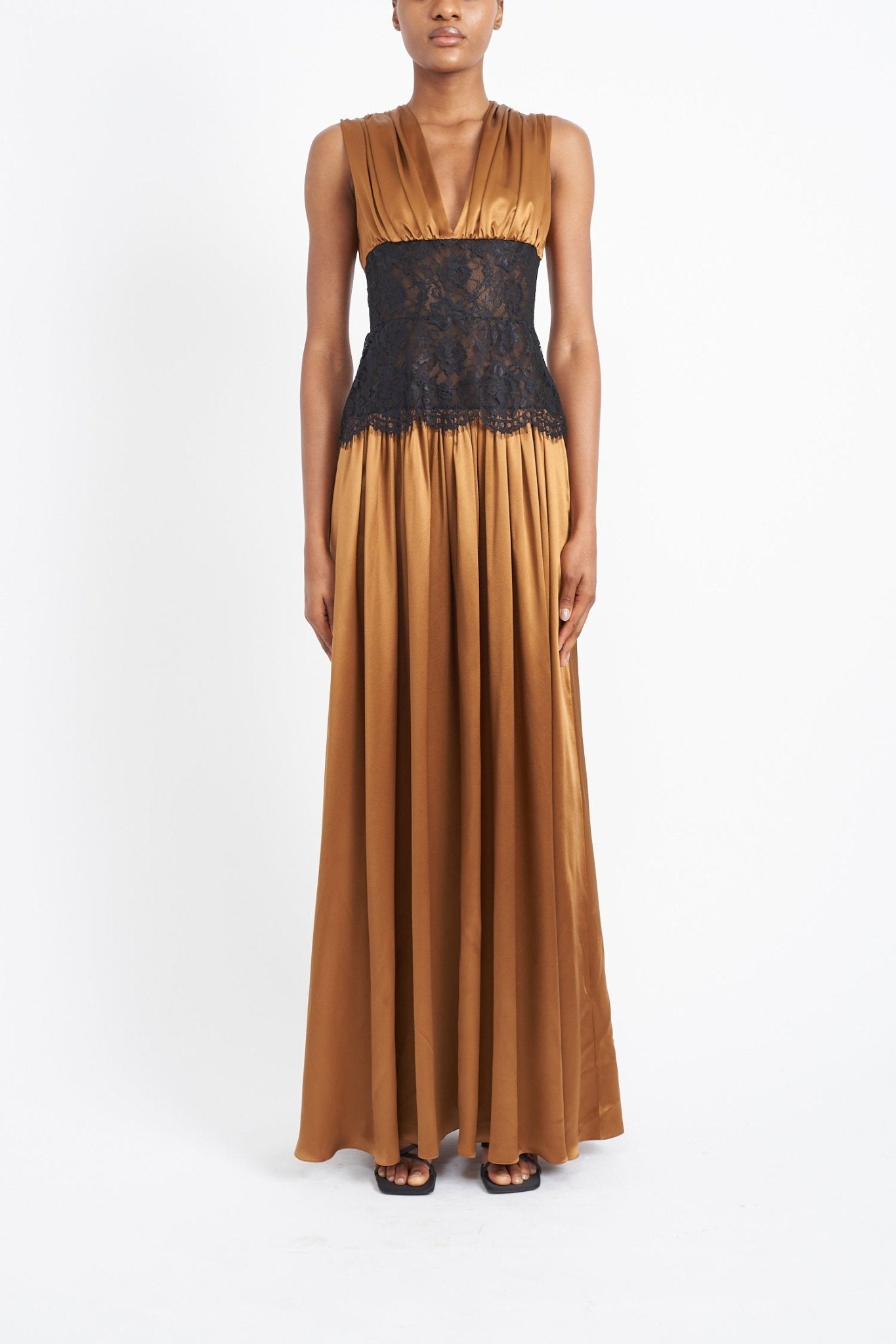 VENUS COGNAC SILK SUSTAINABLY SOURCED LACE PANEL DRESS - E.STOTT