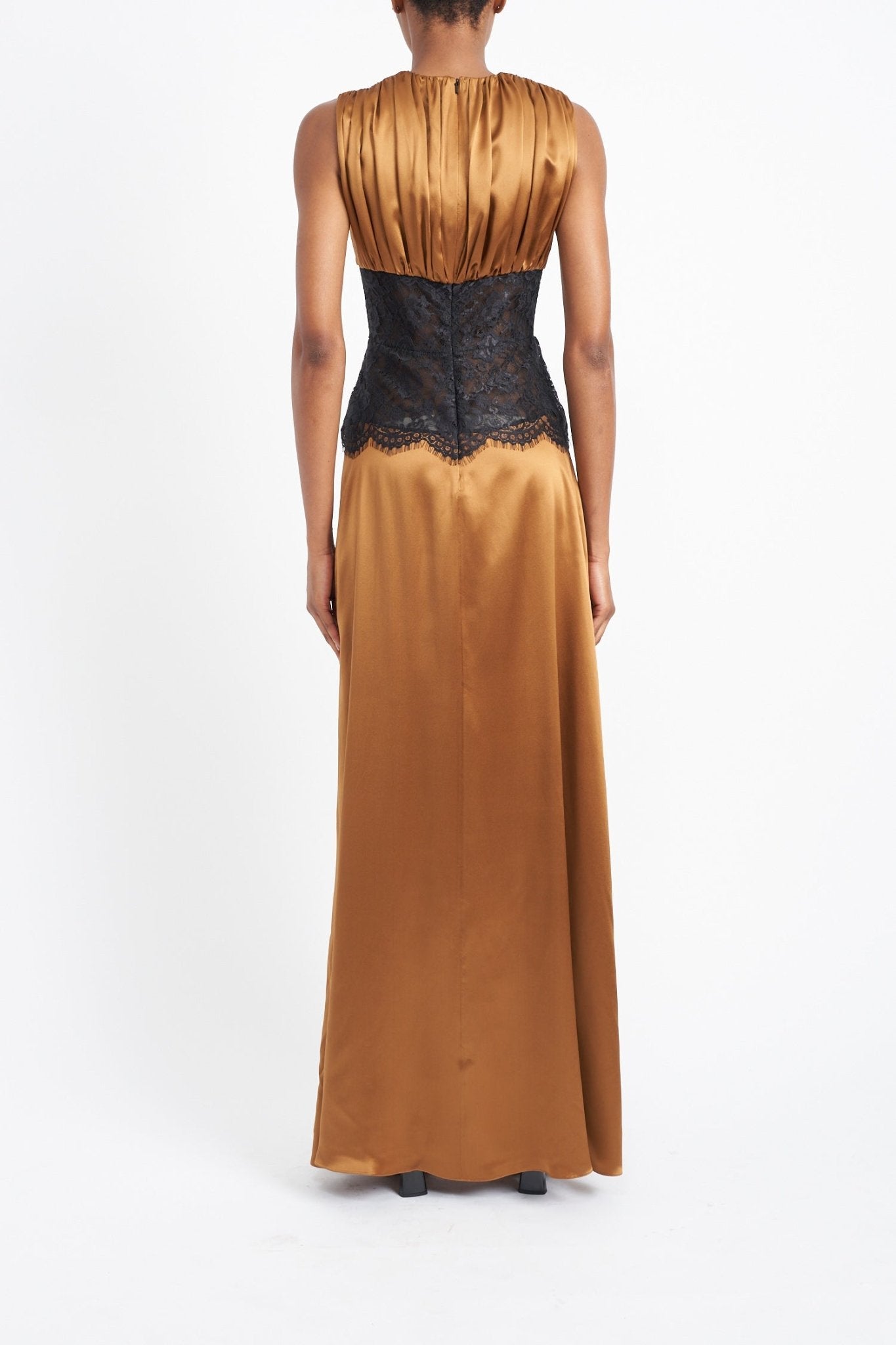 VENUS COGNAC SILK SUSTAINABLY SOURCED LACE PANEL DRESS - E.STOTT