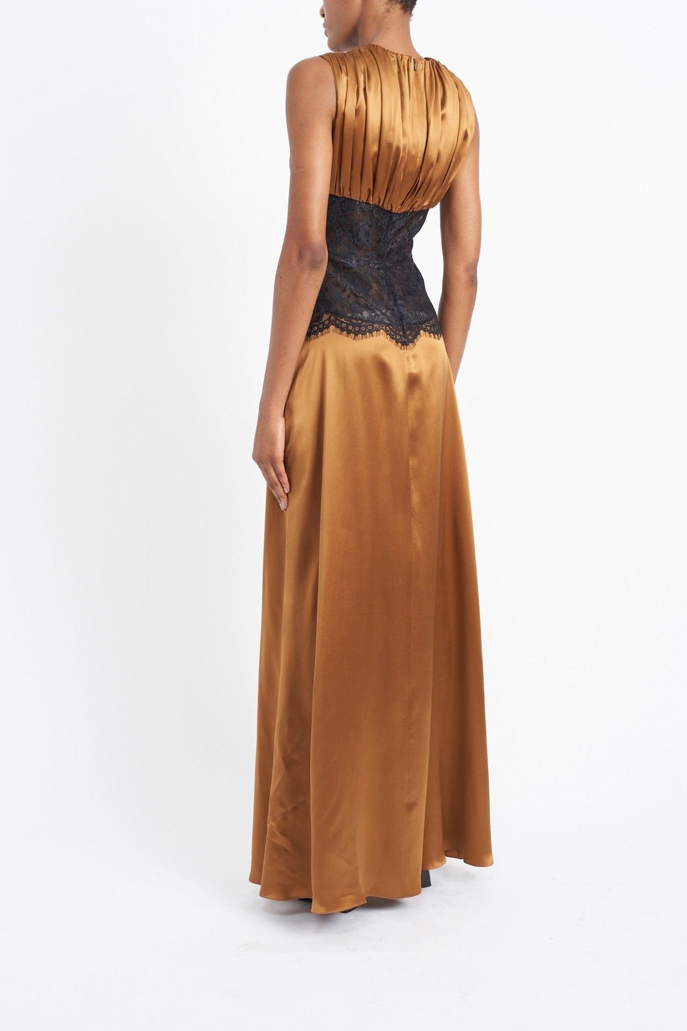 VENUS COGNAC SILK SUSTAINABLY SOURCED LACE PANEL DRESS - E.STOTT